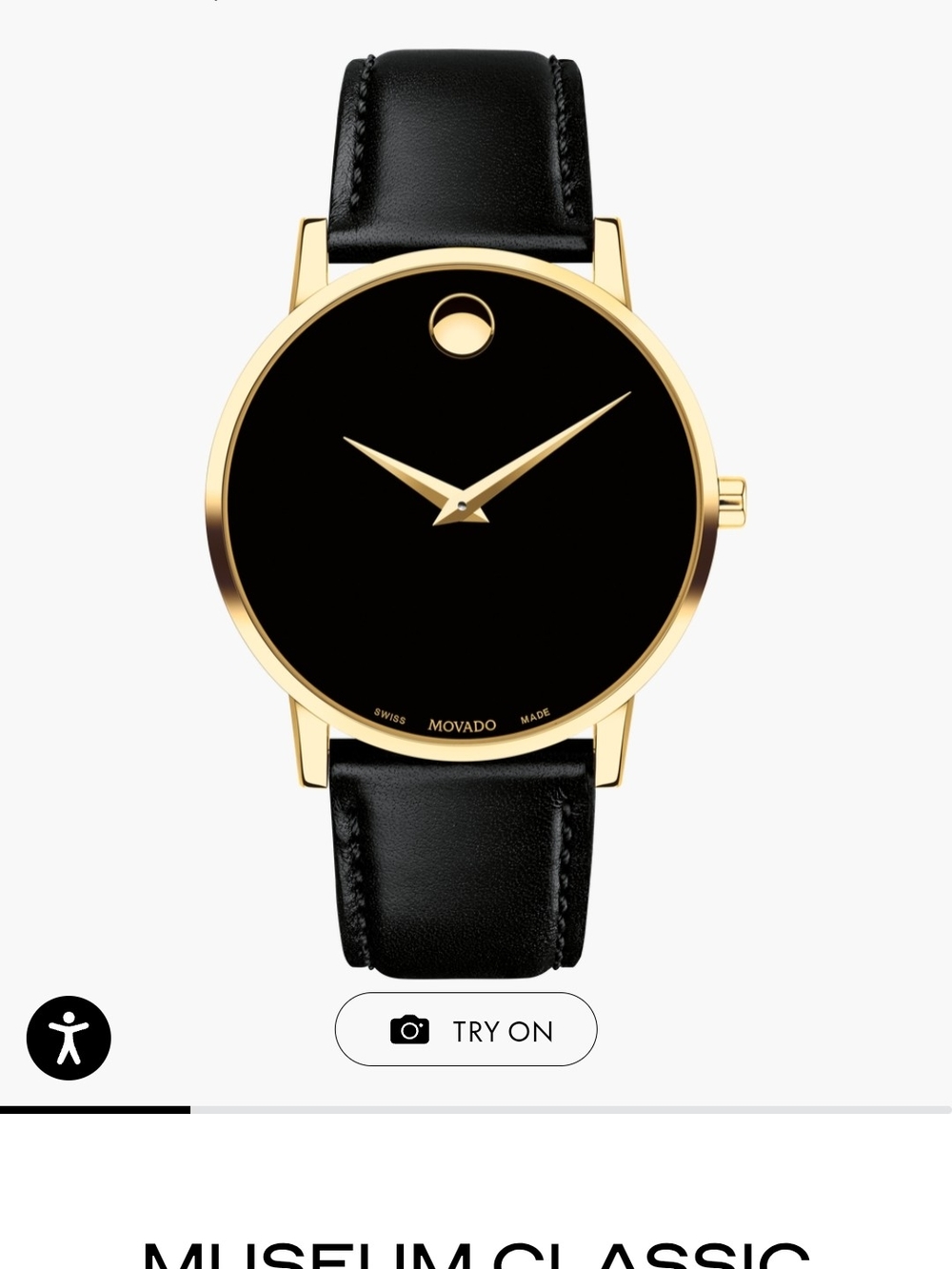 New In Box Movado Gold-Tone Case with Black Dial and Leather Strap